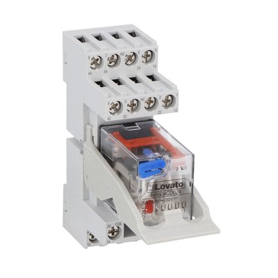 Assembled industrial relay with LED state indicator and mechanical actuator, 24VDC, 5A, 4 C/O contact. Screw terminals with retain/release clip