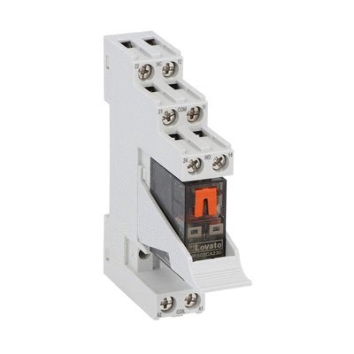 Assembled miniature relay with LED state indicator and mechanical actuator, 230VAC, 8A, 2C/O contact. Screw terminals with retain/release clip