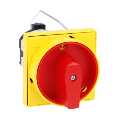 Rotary cam switch 7GN series, ON-OFF switch 4 poles 25A, for front mounting with red/yellow handle padlockable in 0 and protection covers, front plate 65X65mm