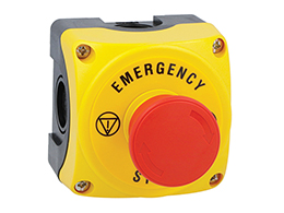 Boite a bouton jaune LPZP1A5 complete avec coup-de-poing tourner pour deverouiller LPCB6644 1NC et etiquette "EMERGENCY/STOP