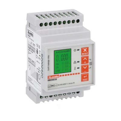 Earth leakage relay type B, 2 operating thresholds, modular with display, external toroid, auxiliary supply 230VAC