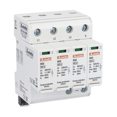 Surge protection device type 2 with plug-in cartridge, rated discharge current In (8/20μs) 20kA per pole, 3P+N. With remote contact