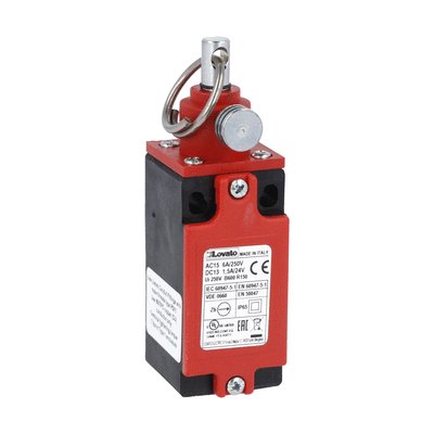Rope-pull lever limit switch for emergency stopping, ISO 13850 compliant, with RESET button. Contacts 1NO+1NC. 25N operating force