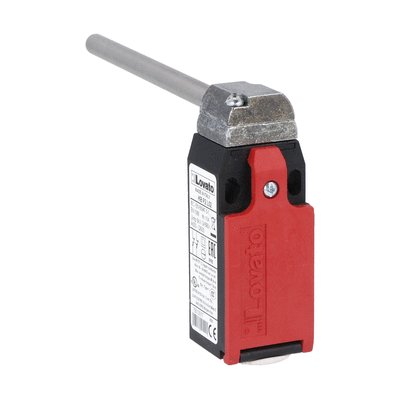 Limit switch, K series, hinge operating, 1 bottom cable entry. Dimensions to EN 50047, plastic body, contacts 1NO+1NC slow action. Long solid shaft