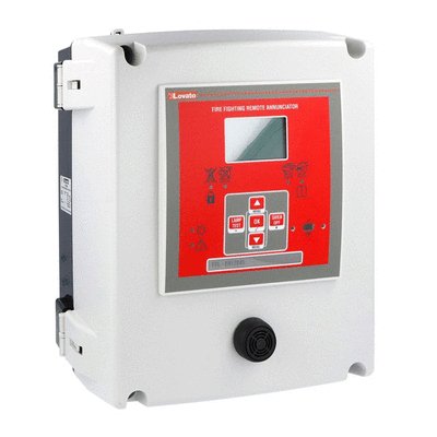 Remote alarm panel with LCD graphic display (128x80pixels), buzzer, expandable with EXP... expansion modules. It supports up to 3 fire pump controllers