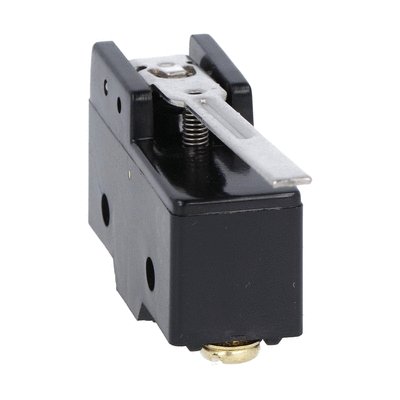 Plastic micro switch, K series, metal lever. 63mm/2.48in long flat lever. Contacts 1NO/NC. Screw terminalsS