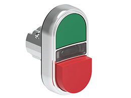 Operatore pulsante doppio ad impulso con indicatore luminoso bianco serie Platinum metallica Ø22mm, con 1 pulsante sporgente e 1 rasato. Entrambi ad impulso, verde - rosso