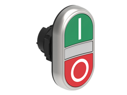 Operatore pulsante doppio ad impulso con indicatore luminoso bianco Ø22mm serie Platinum plastica cromata, con 2 pulsanti rasati. Entrambi ad impulso, verde - rosso/I - 0