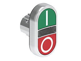 Operatore pulsante doppio ad impulso con indicatore luminoso bianco serie Platinum metallica Ø22mm, con 2 pulsanti rasati. Entrambi ad impulso, verde - rosso/I - 0