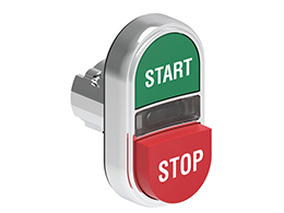 Operatore pulsante doppio ad impulso con indicatore luminoso bianco serie Platinum metallica Ø22mm, con 1 pulsante sporgente e 1 rasato. Entrambi ad impulso, verde - rosso/START - STOP