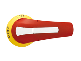 Maniglia blocco porta, lucchettabile. Tipo giallo/rosso a comando rotativo con fissaggio a vite sulla portella, a leva da 143mm. □14mm. IP65