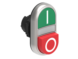 Operatore pulsante doppio ad impulso con indicatore luminoso bianco Ø22mm serie Platinum plastica cromata, con 1 pulsante sporgente e 1 rasato. Entrambi ad impulso, verde - rosso/I - 0