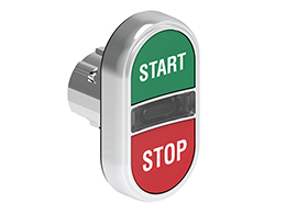 Operatore pulsante doppio ad impulso con indicatore luminoso bianco serie Platinum metallica Ø22mm, con 2 pulsanti rasati. Entrambi ad impulso, verde - rosso/START - STOP
