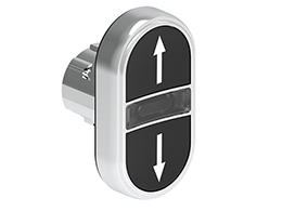 Operatore pulsante doppio ad impulso con indicatore luminoso bianco serie Platinum metallica Ø22mm, con 2 pulsanti rasati. Entrambi ad impulso, nero - nero/↑ - ↓