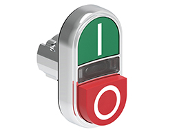 Operatore pulsante doppio ad impulso con indicatore luminoso bianco serie Platinum metallica Ø22mm, con 1 pulsante sporgente e 1 rasato. Entrambi ad impulso, verde - rosso/I - 0