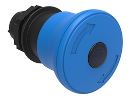 Plastikowy przycisk podświetlany Ø22mm serii Platinum, grzybkowy, blokowany, odblokowanie przez obrót, Ø40mm. Do normalnego zatrzymania. Niebieski