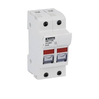 Fuse holder UL recognized and CSA certified, for 10X38mm fuses. 32A rated current at 690VAC, 2P. With status indicator. 2 modules
