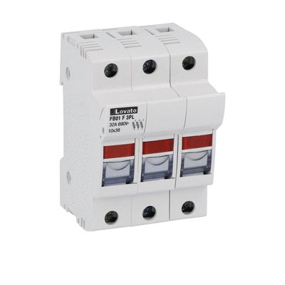 Fuse holder UL recognized and CSA certified, for 10X38mm fuses. 32A rated current at 690VAC, 3P. With status indicator. 3 modules