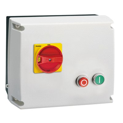 Star-delta starter, enclosed starter, with switch disconnector, rotary door coupling handle GAX61 and START and STOP/RESET buttons. Starting time up to 12 seconds and a maximum of 30 operations/hour, max IEC operating current 16A. Coil voltage 230VAC 50/60Hz