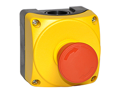 Control station, complete with 1 pushbutton, yellow, 1 hole LPZP1A5 with 1 E-STOP pushbutton LPCB6644