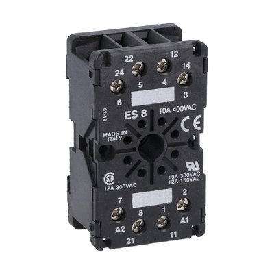 8-pin socket for screw fixing or mounting on 35mm DIN rail (IEC/EN60715), used with LV1E... relay. Screw terminals