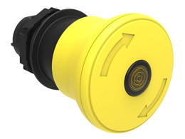 Illuminated mushroom head button actuator Ø22mm Platinum series chromed plastic, latch, turn to release, Ø40mm. For normal stopping. Yellow