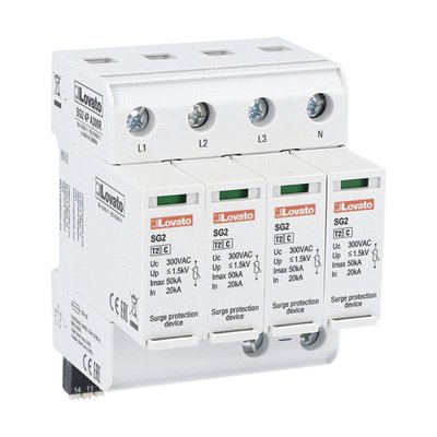 Surge protection device type 2 with plug-in cartridge, rated discharge current In (8/20μs) 20kA per pole, 4P. With remote contact